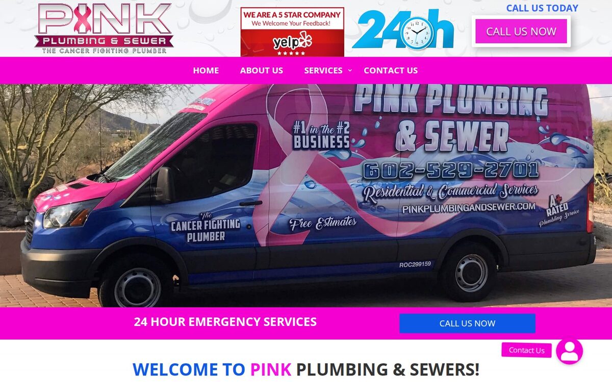 Screenshot of the Pink Plumbing & Sewer website homepage (Phoenix, AZ)