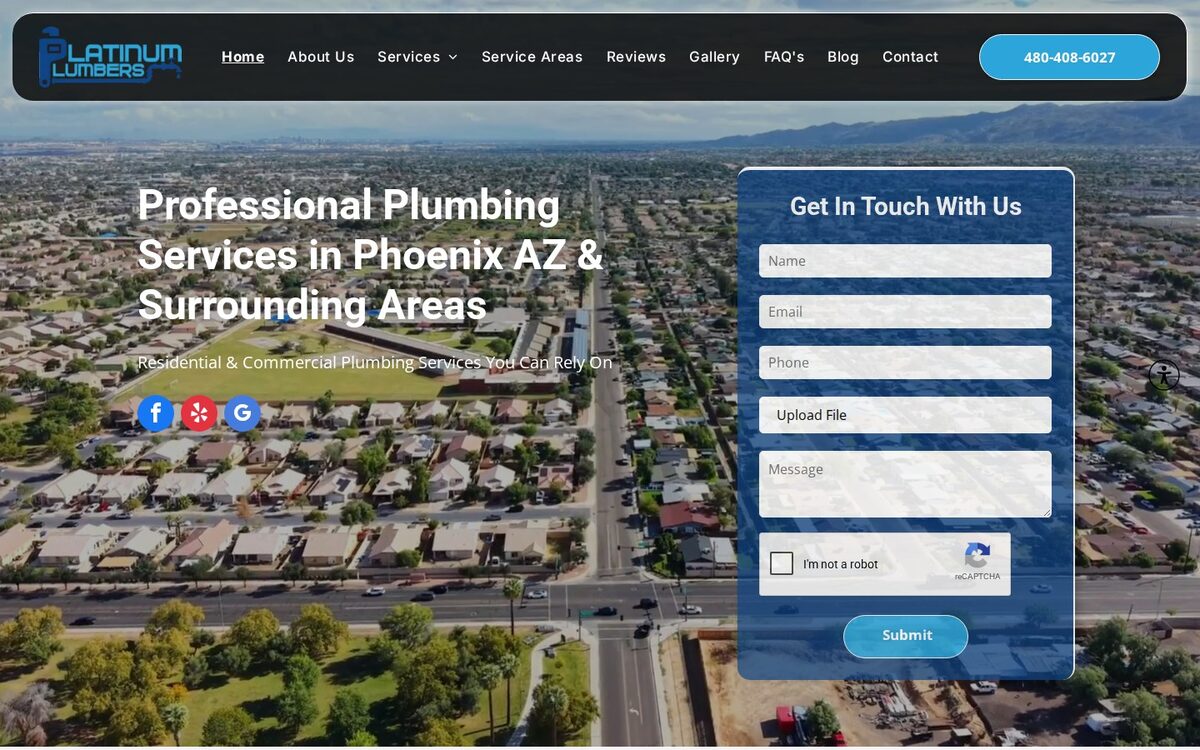 Screenshot of the Platinum Plumbers website homepage (Phoenix, AZ)