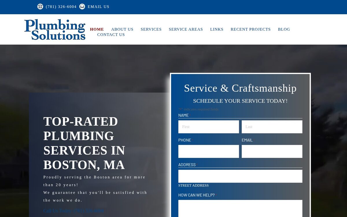 Screenshot of the Plumbing Solutions website homepage (Boston, MA)