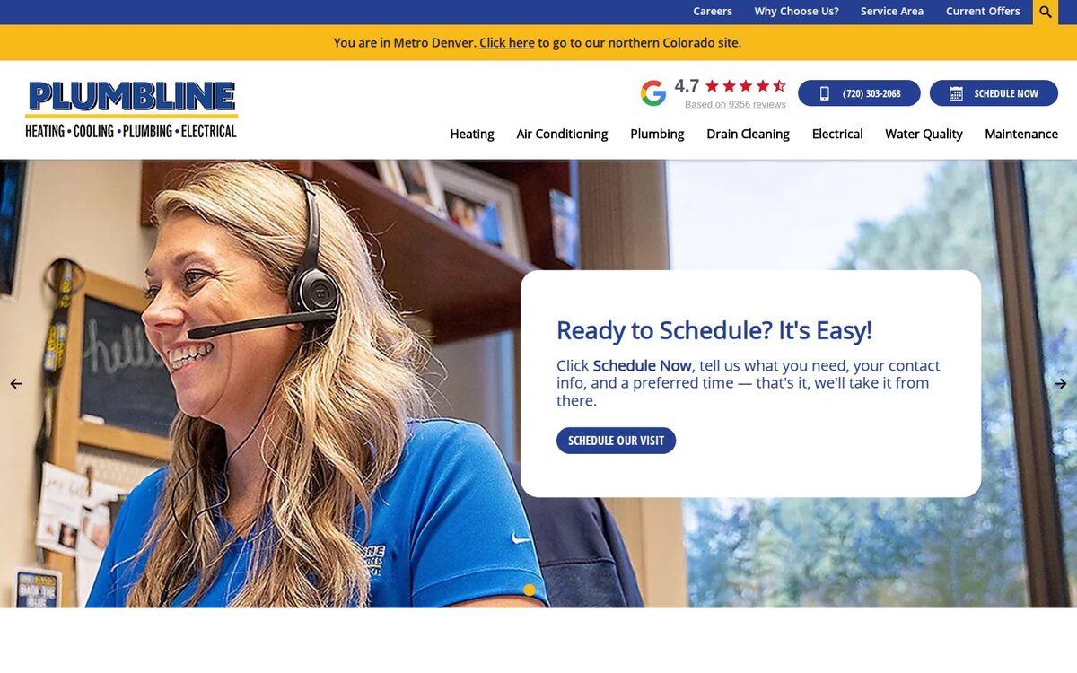 Screenshot of the Plumbline Services website homepage (Denver, CO)