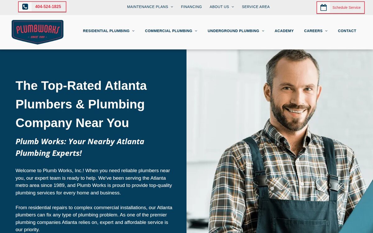 Screenshot of the Plumb Works Inc. website homepage (Atlanta, GA)