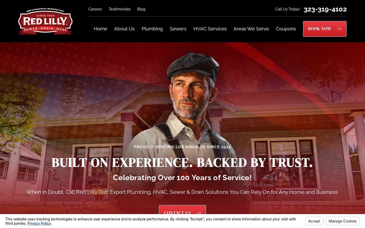 Screenshot of the Red Lilly Plumbing website homepage (Los Angeles, CA)