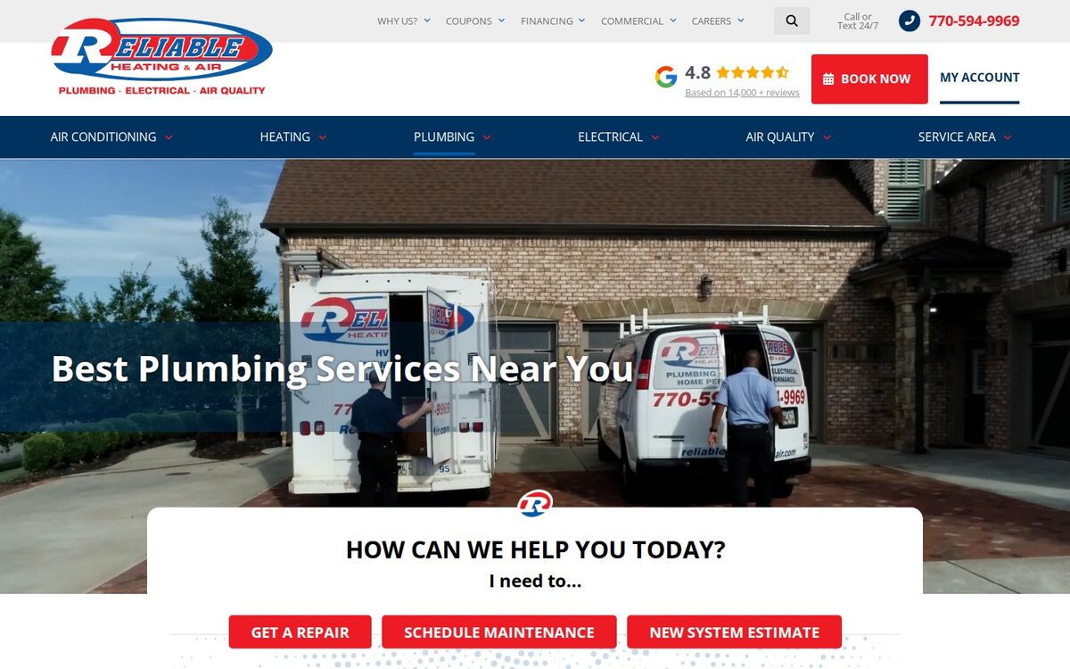 Screenshot of the Reliable Heating & Air website homepage (Atlanta, GA)