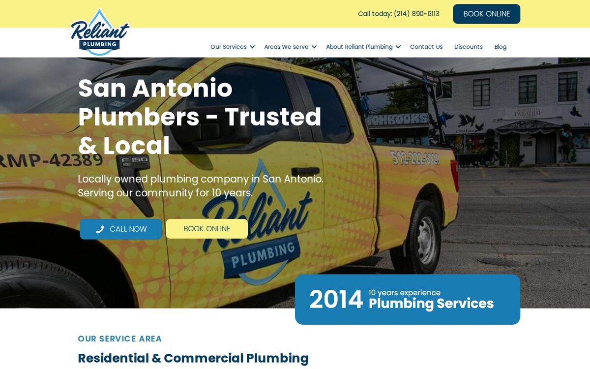 Screenshot of the Reliant Plumbing website homepage (San Antonio, TX)