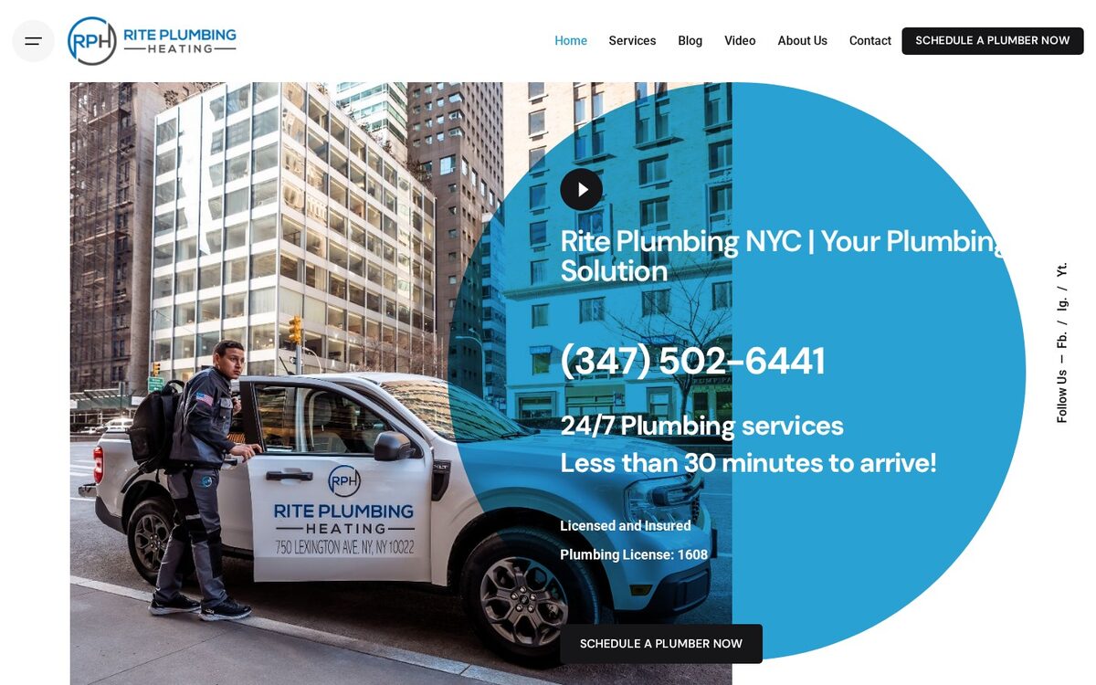 Screenshot of the Rite Plumbing & Heating website homepage (New York, NY)