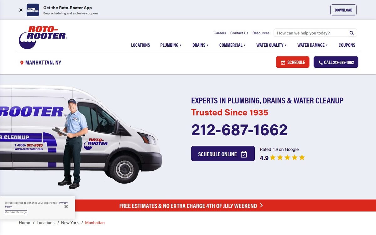 Screenshot of the Roto-Rooter website homepage (New York, NY)