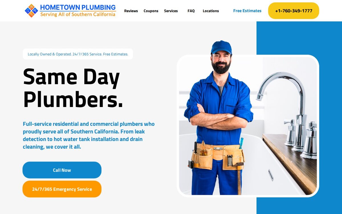 Screenshot of the Hometown Plumbing website homepage (San Diego, CA)