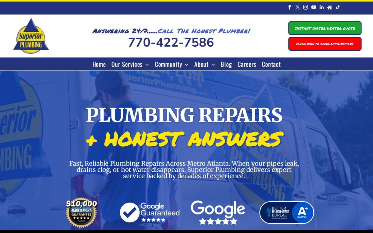 Screenshot of the Superior Plumbing website homepage (Atlanta, GA)
