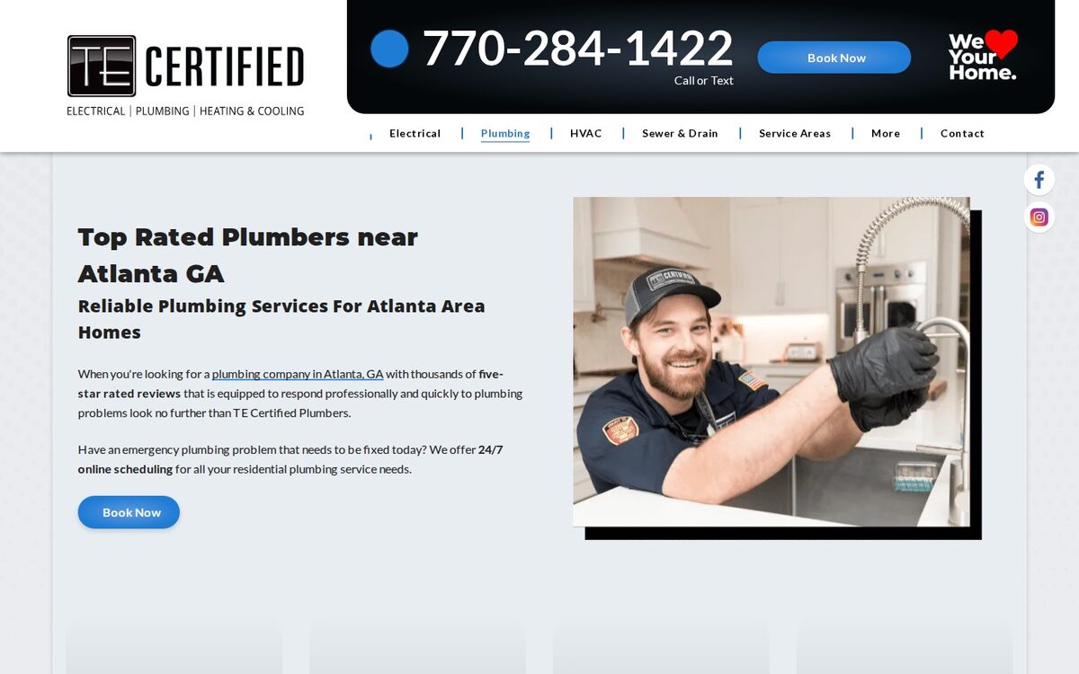 Screenshot of the TE Certified Electrical, Plumbing, Heating & Cooling website homepage (Atlanta, GA)
