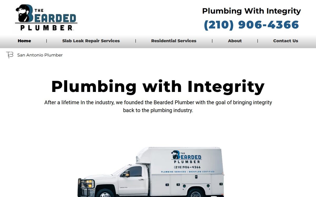 Screenshot of the The Bearded Plumber website homepage (San Antonio, TX)