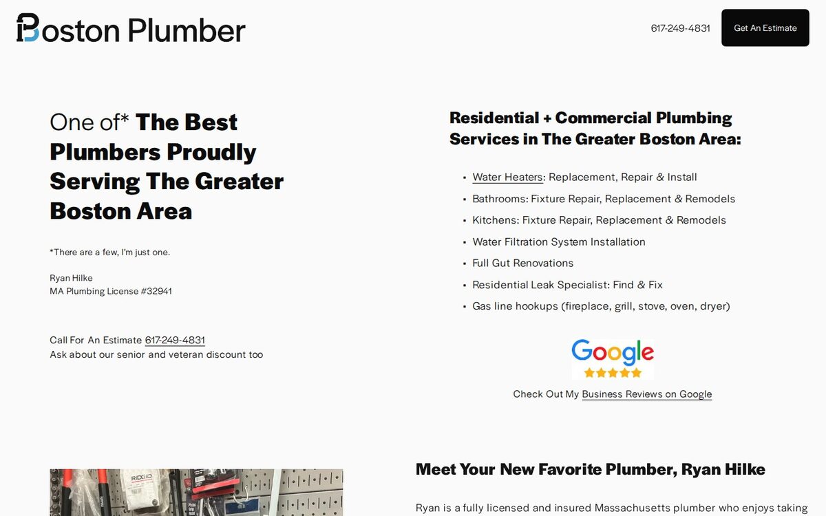 Screenshot of the The Boston Plumber (Ryan Hilke) website homepage (Boston, MA)