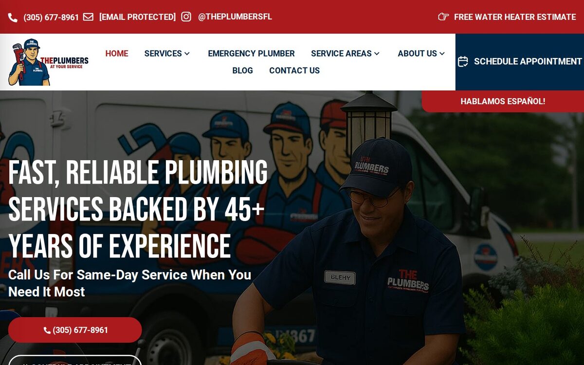 Screenshot of the The Plumbers website homepage (Miami, FL)