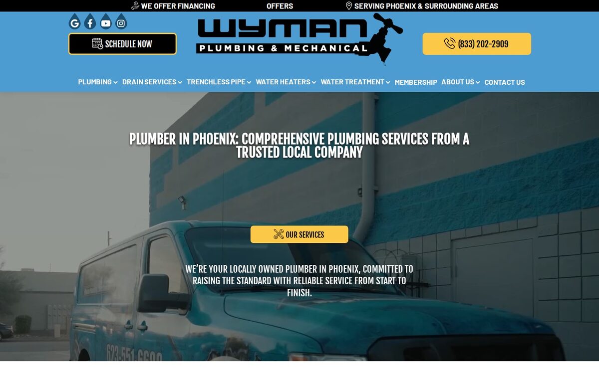 Screenshot of the Wyman Plumbing & Mechanical website homepage (Phoenix, AZ)