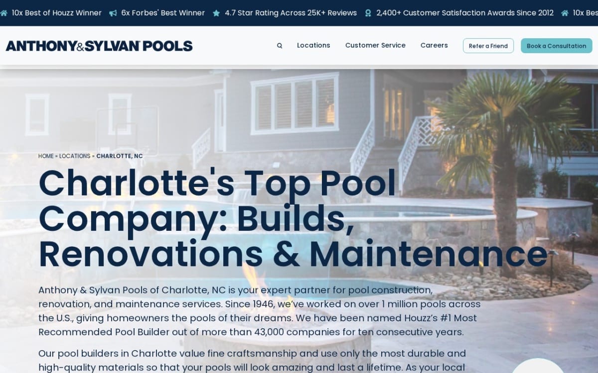 Anthony & Sylvan Pools pool service website homepage