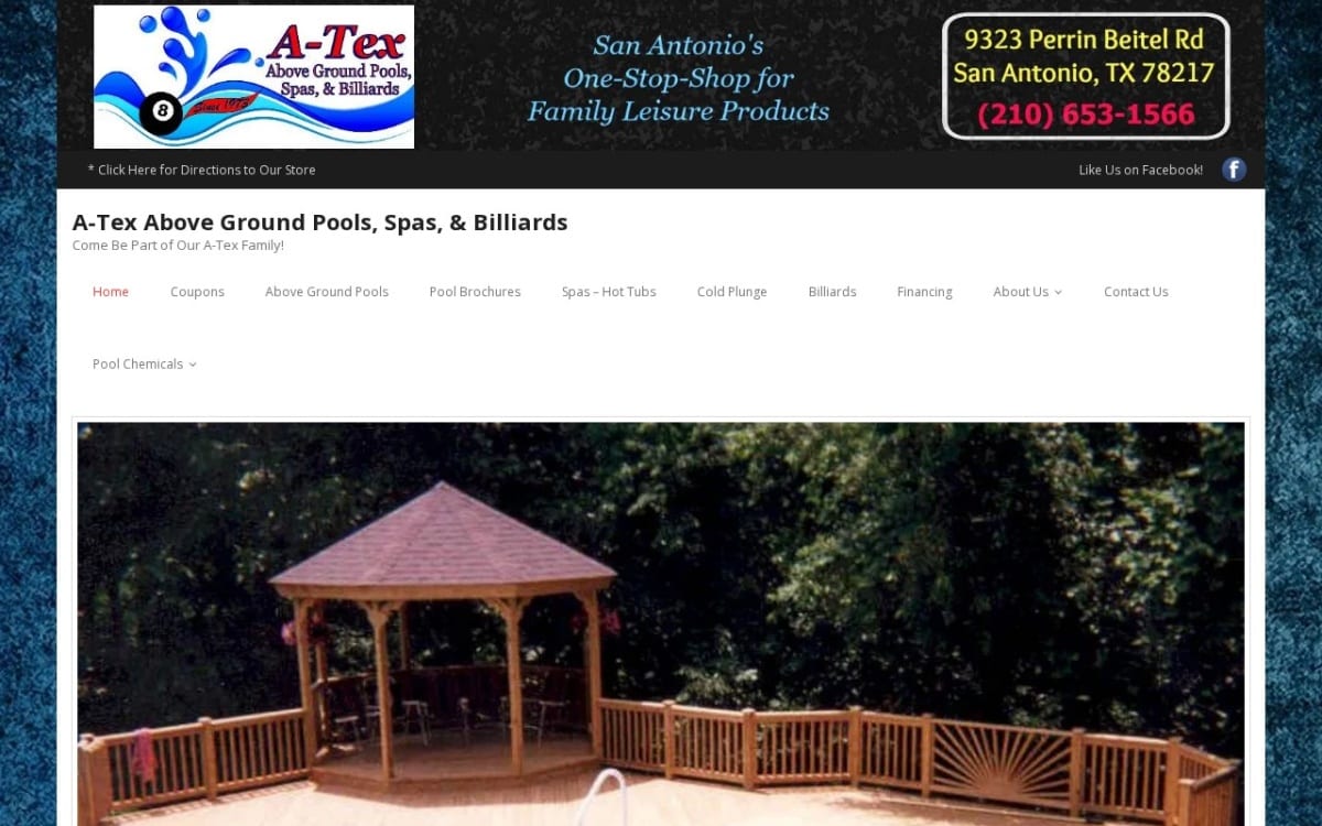 A-Tex Above Ground Pools, Spas, & Billiards pool service website homepage