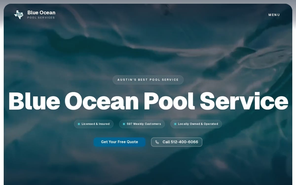 Blue Ocean Pool Service pool service website homepage