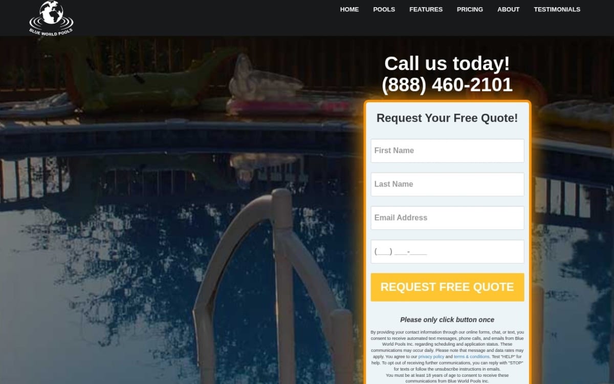 Blue World Pools pool service website homepage