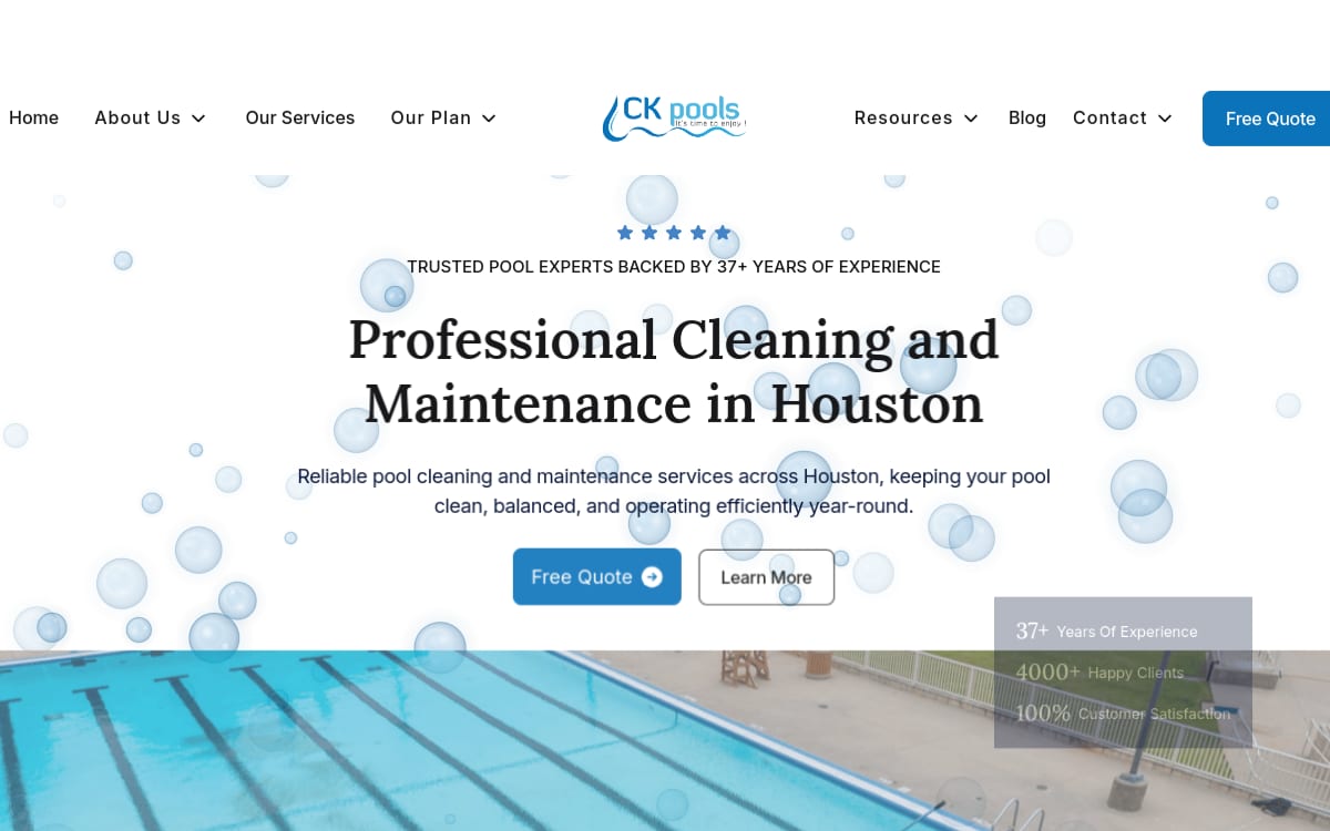 CK Pools pool service website homepage