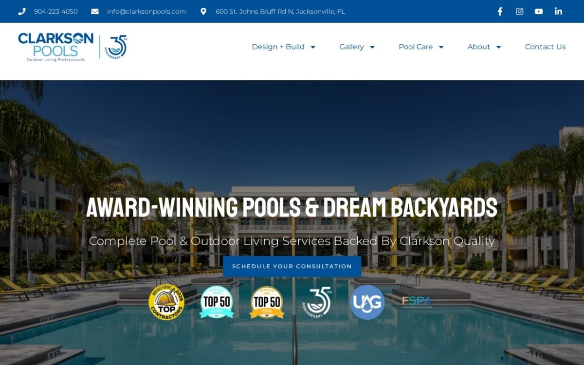 Clarkson Pools pool service website homepage