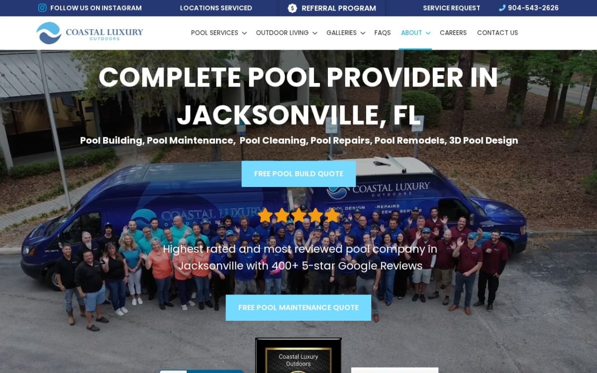 Coastal Luxury Outdoors pool service website homepage