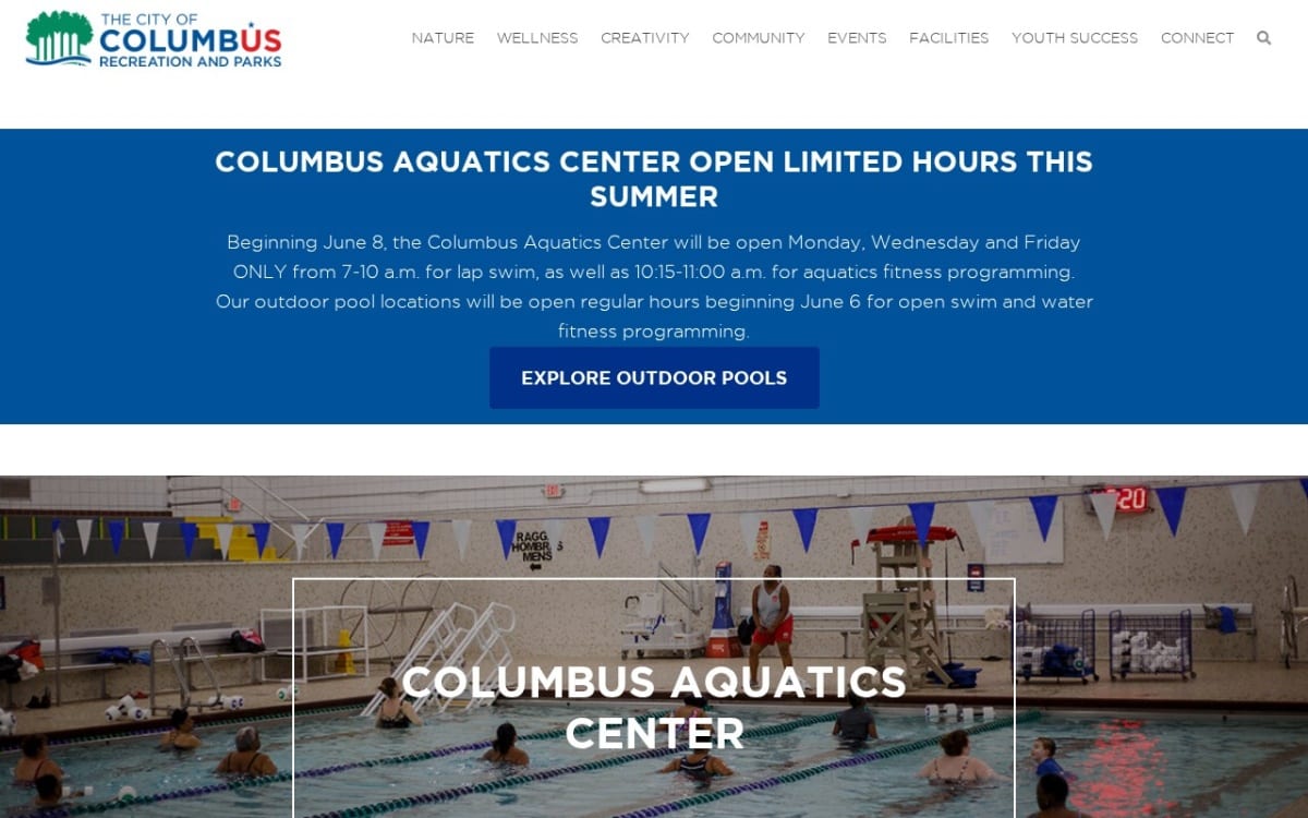 Columbus Aquatics Center pool service website homepage