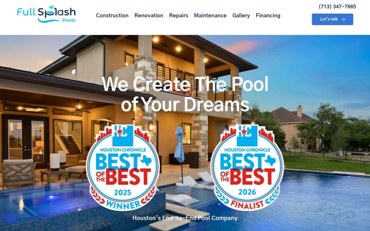 Full Splash Pools pool service website homepage