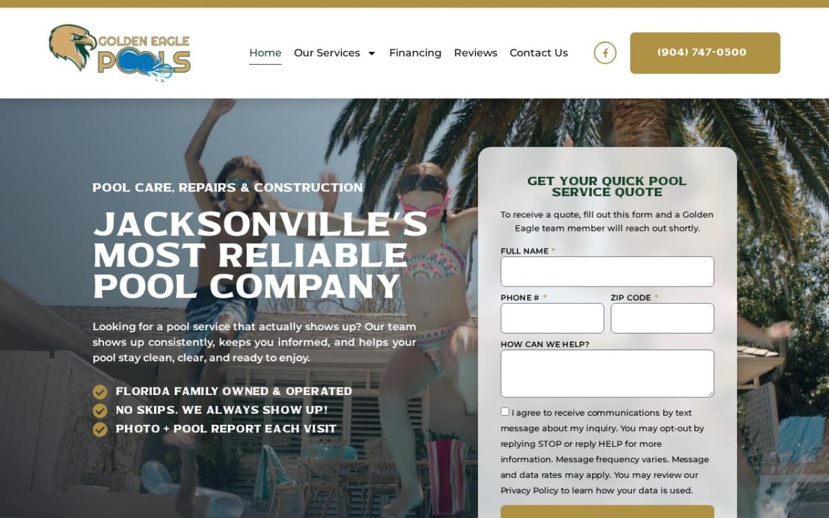 Golden Eagle Pools pool service website homepage