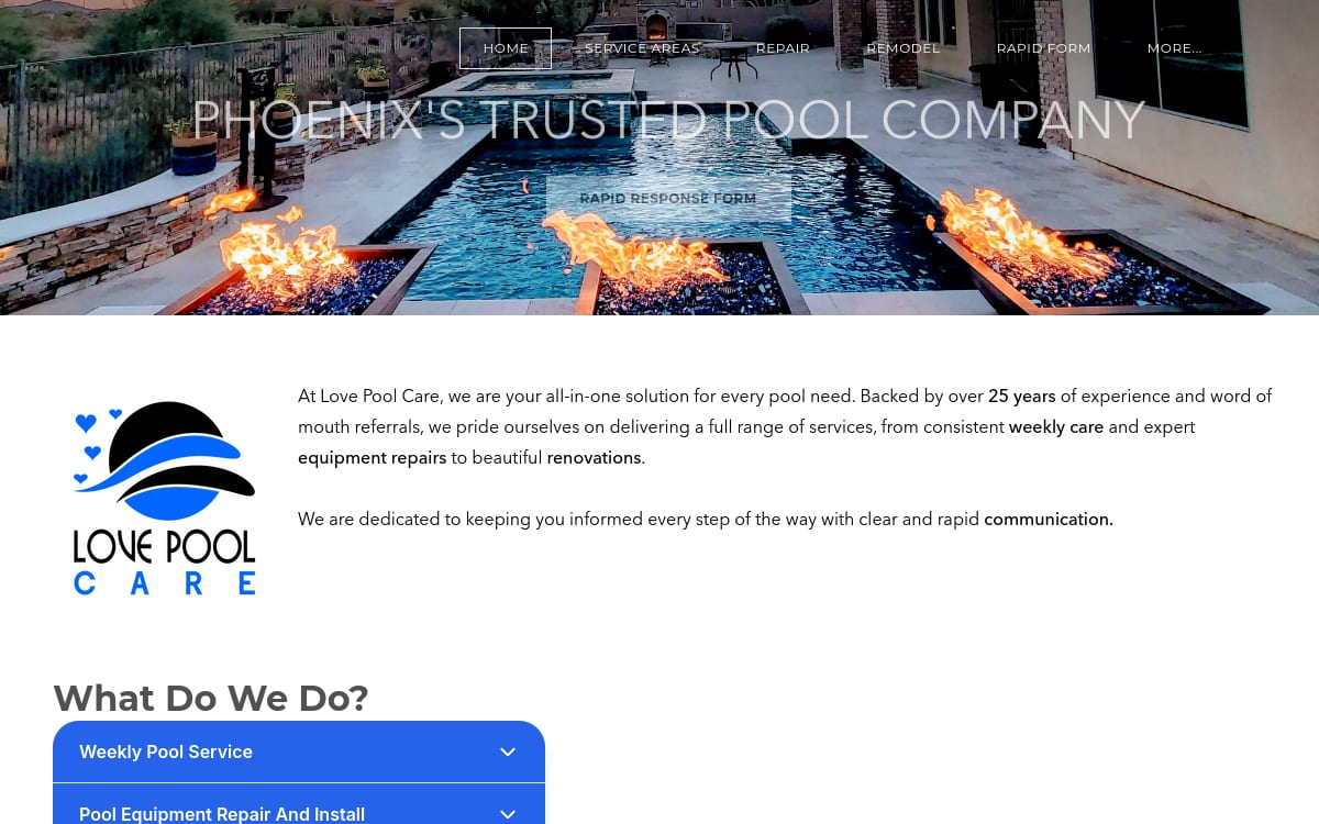 Love Pool Care pool service website homepage