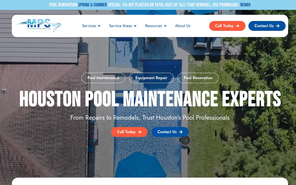 Manning Pool Service pool service website homepage