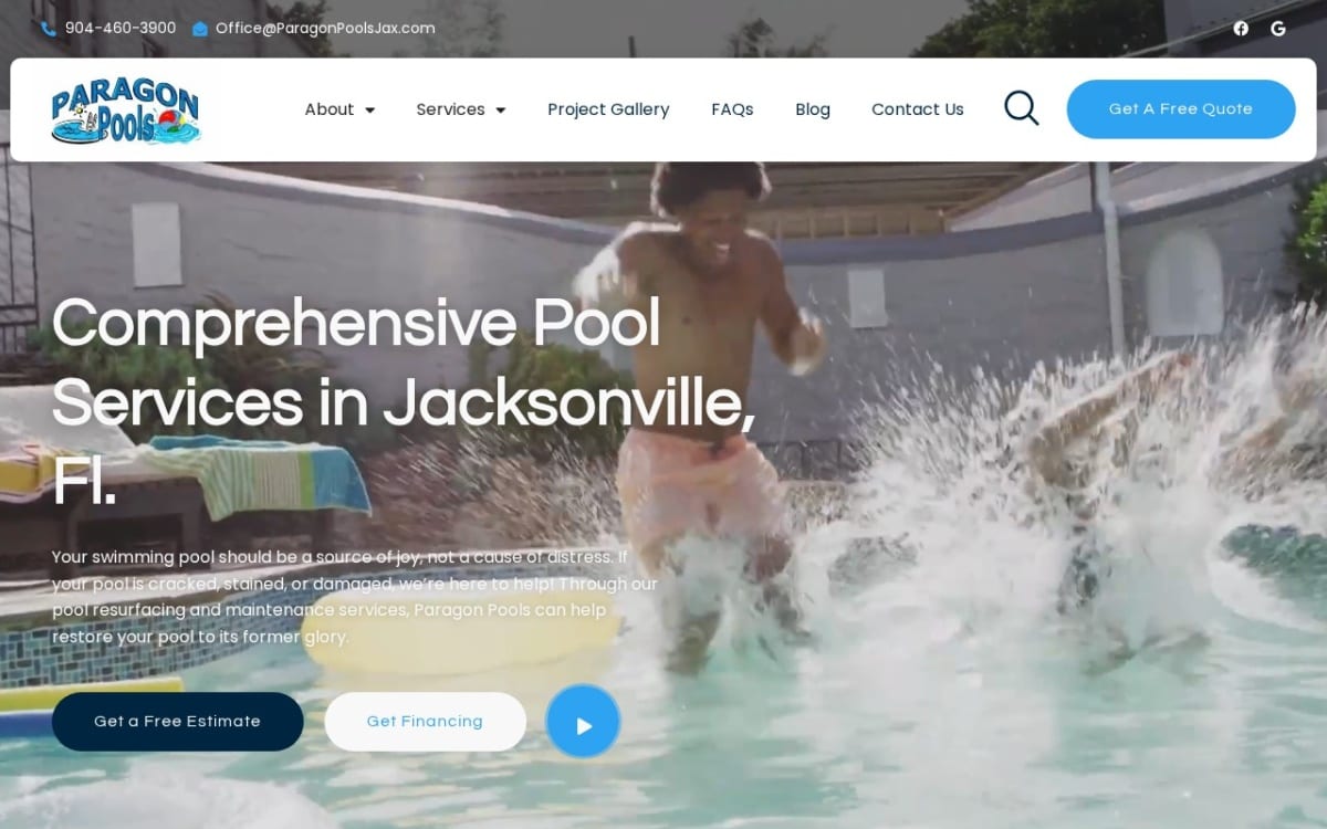 Paragon Pools pool service website homepage