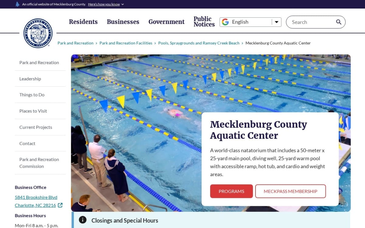 Mecklenburg County Aquatic Center pool service website homepage