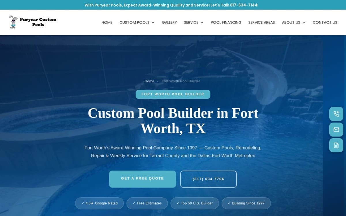 Puryear Custom Pools pool service website homepage