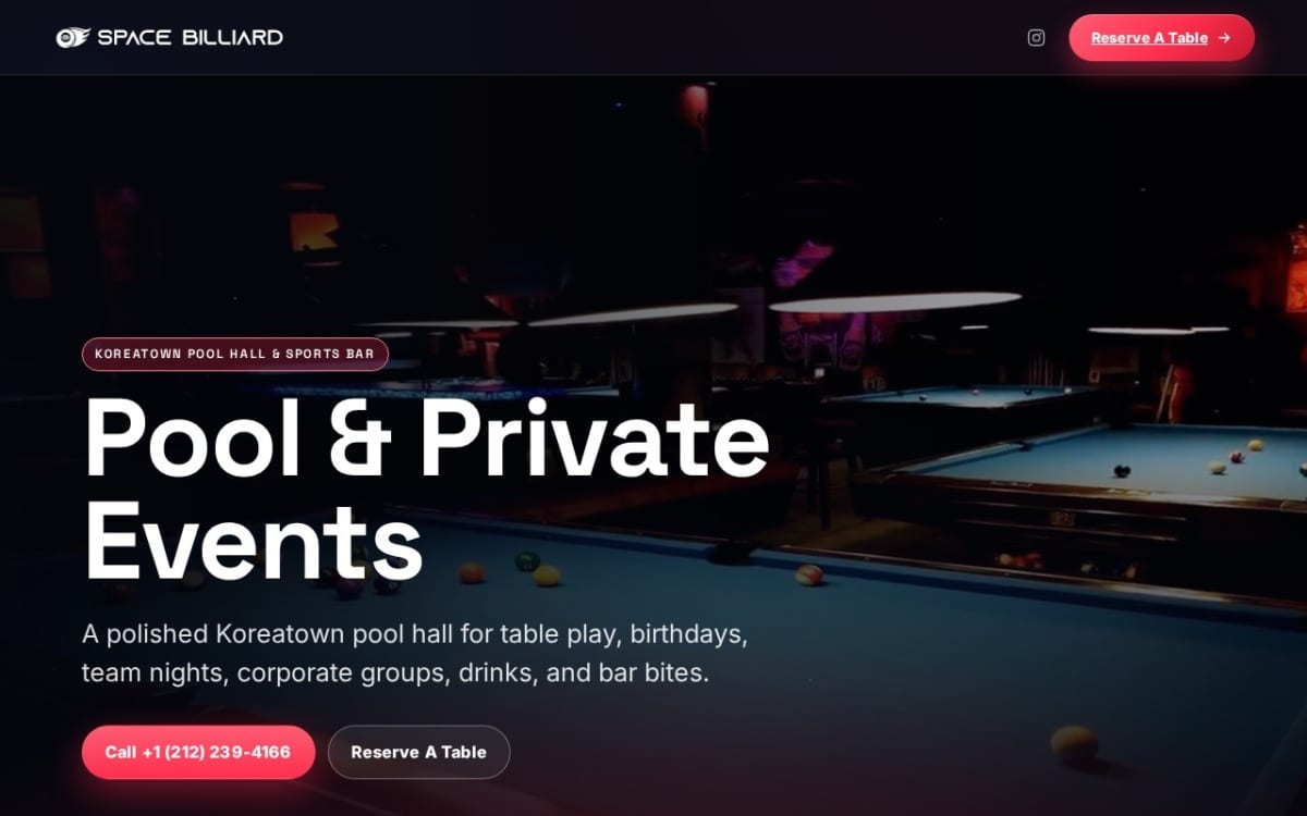 Space Billiard Pool Hall & Sports Bar | Koreatown NYC pool service website homepage