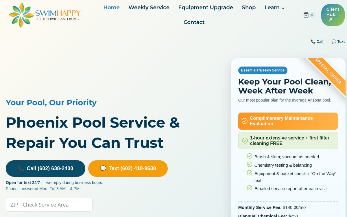 SwimHappy Pool Service & Repair pool service website homepage