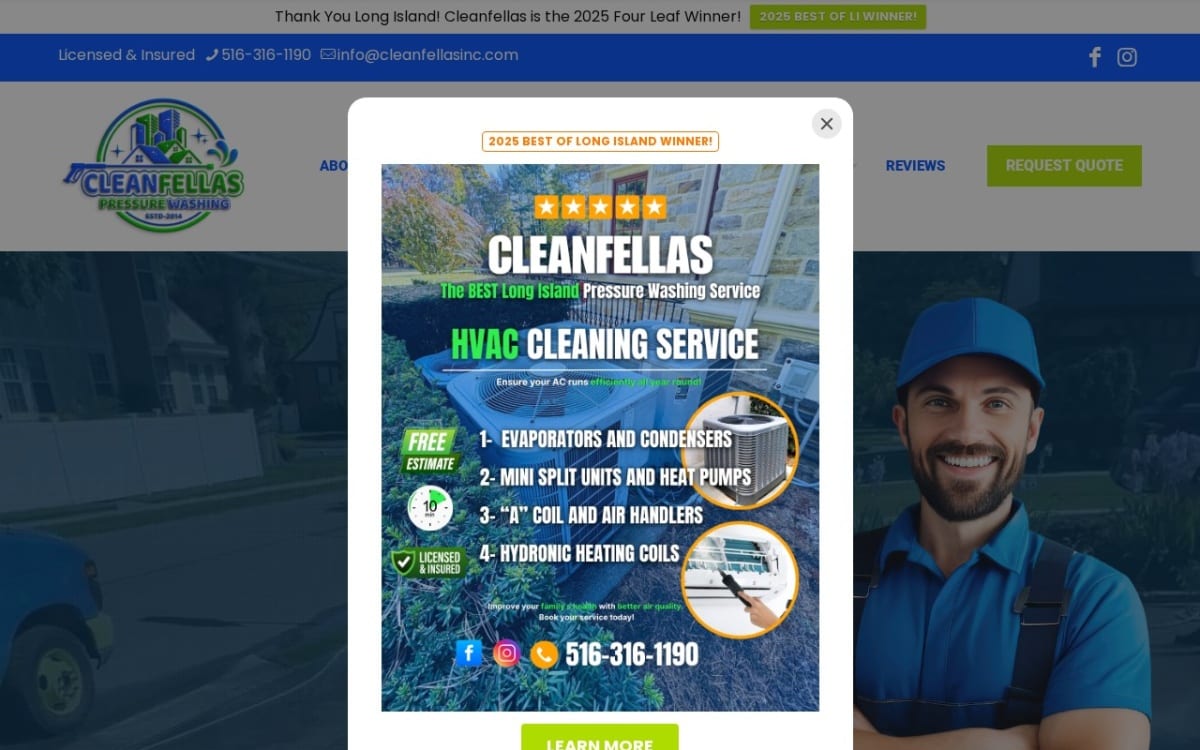 Cleanfellas pressure washing website homepage