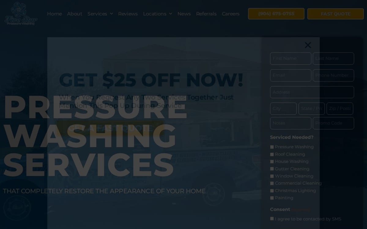 Five Star Pressure Washing pressure washing website homepage