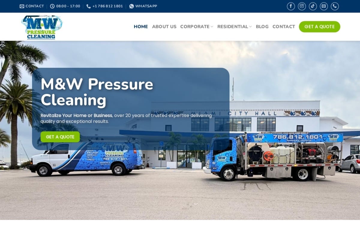 M & W Pressure Cleaning Miami pressure washing website homepage
