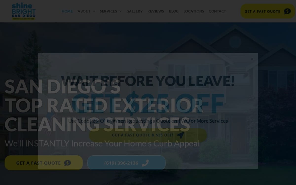 Shine Bright San Diego pressure washing website homepage