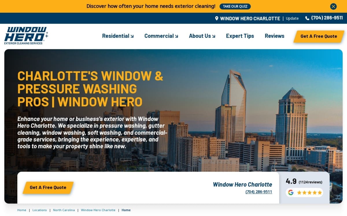 Window Hero Charlotte pressure washing website homepage