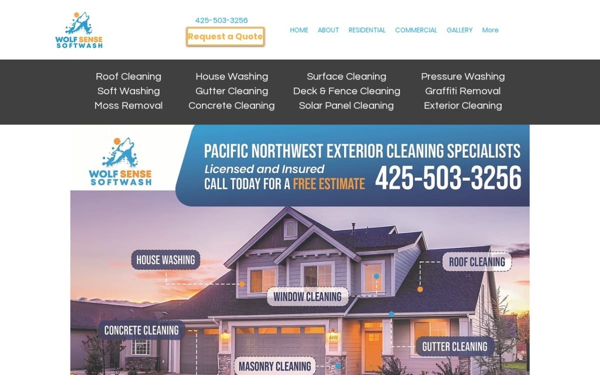 Wolf Sense Softwash LLC pressure washing website homepage