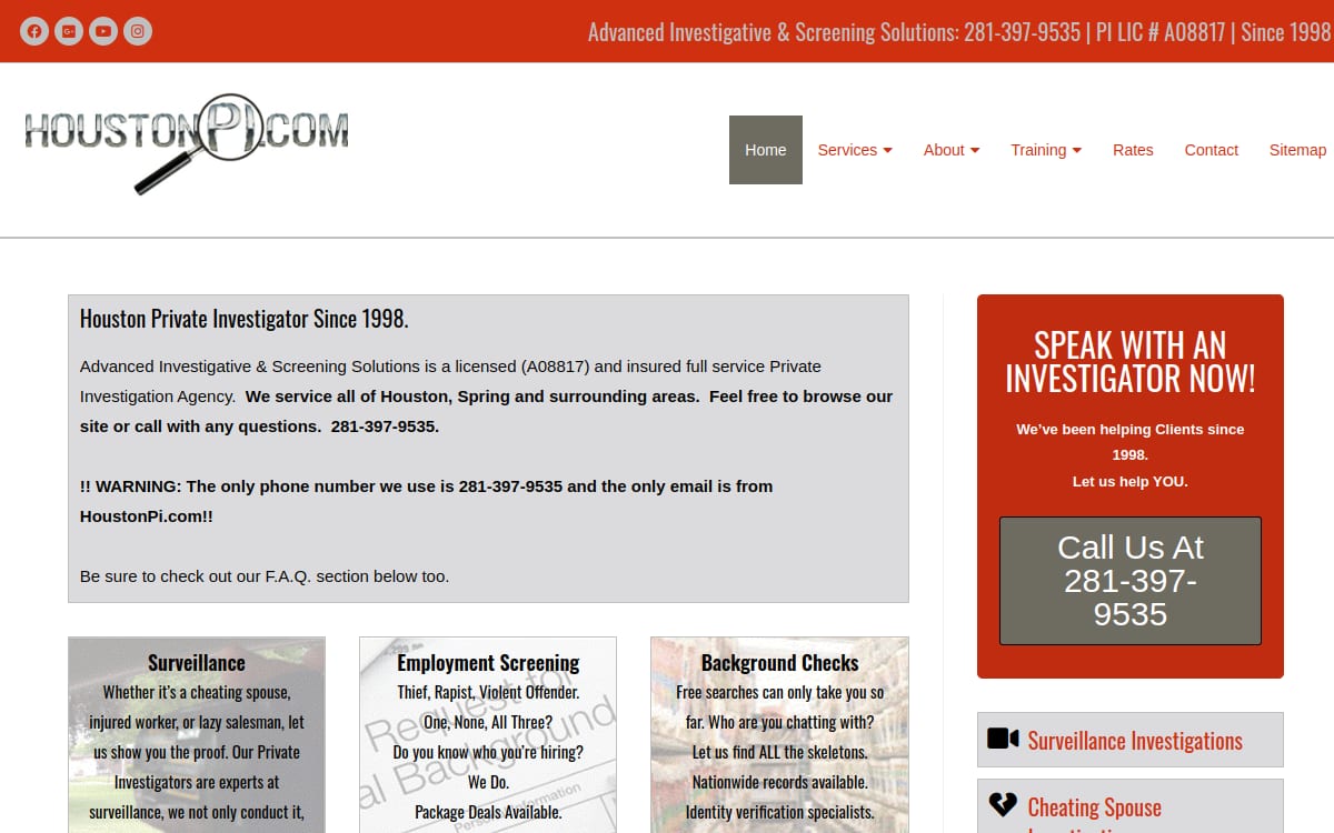 Advanced Investigative & Screening Solutions private investigator website homepage