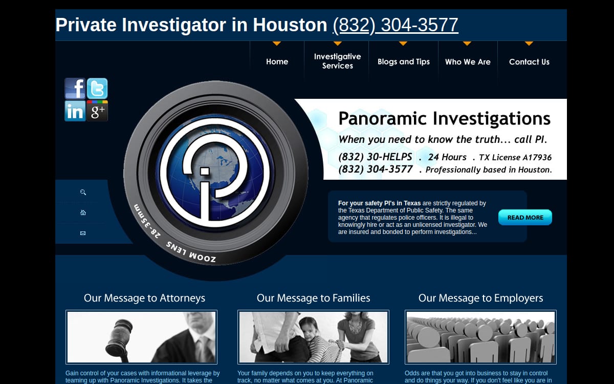Panoramic Investigations private investigator website homepage
