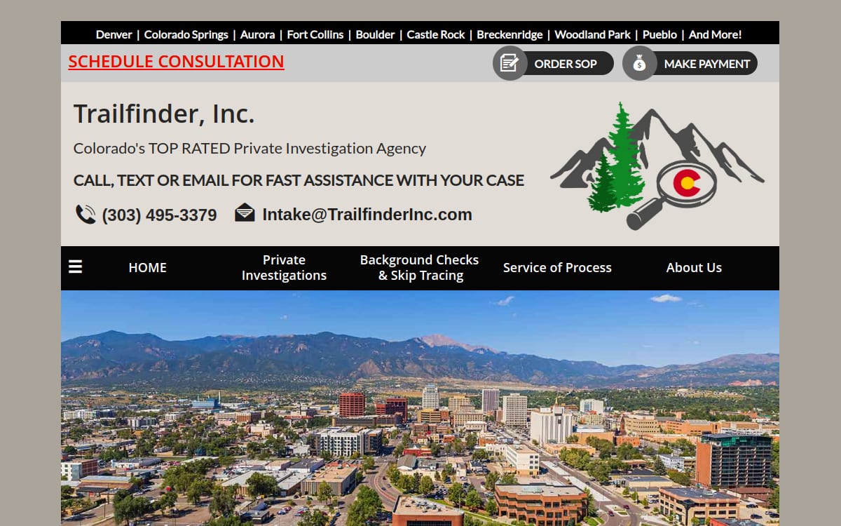 Trailfinder: Investigations & Process Service private investigator website homepage