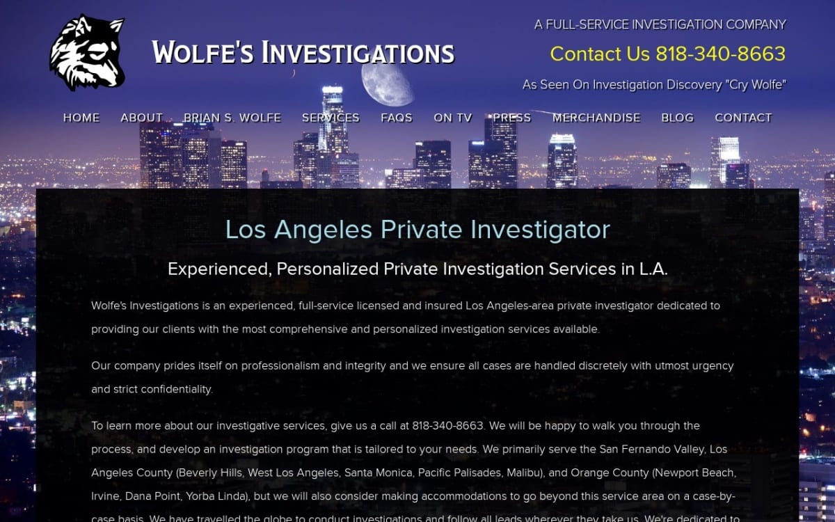 Wolfe's Investigations private investigator website homepage