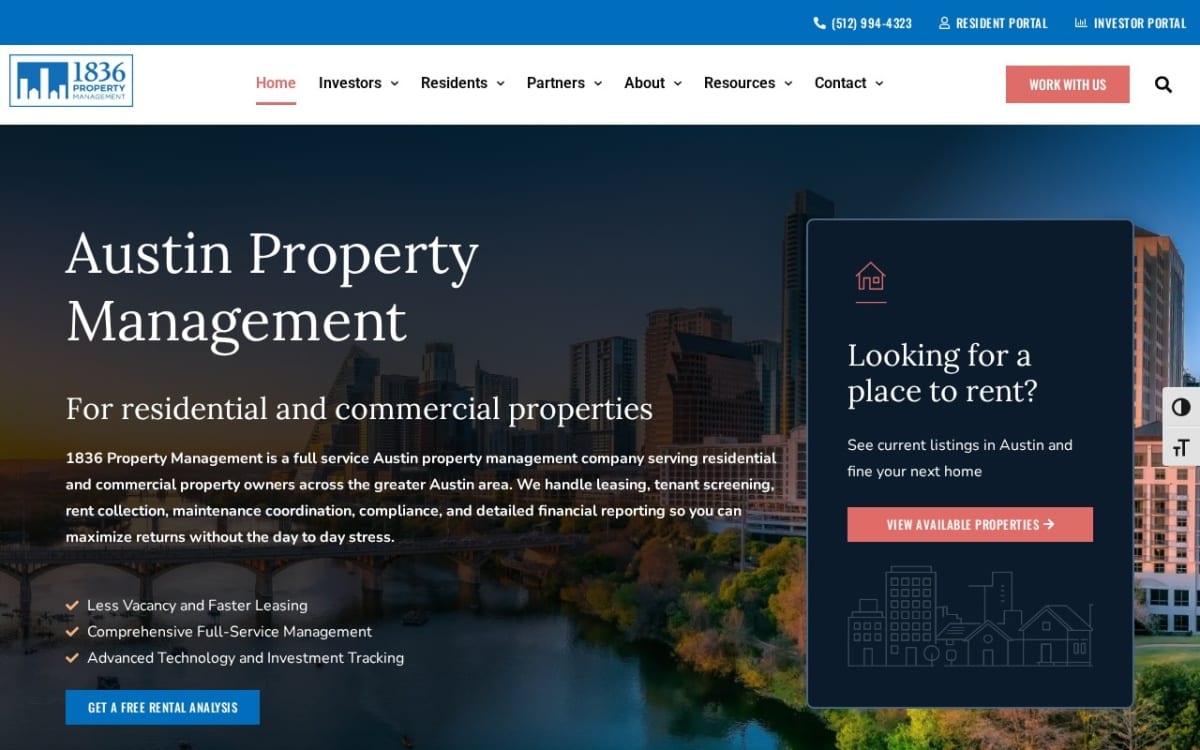 1836 Property Management property management company website homepage