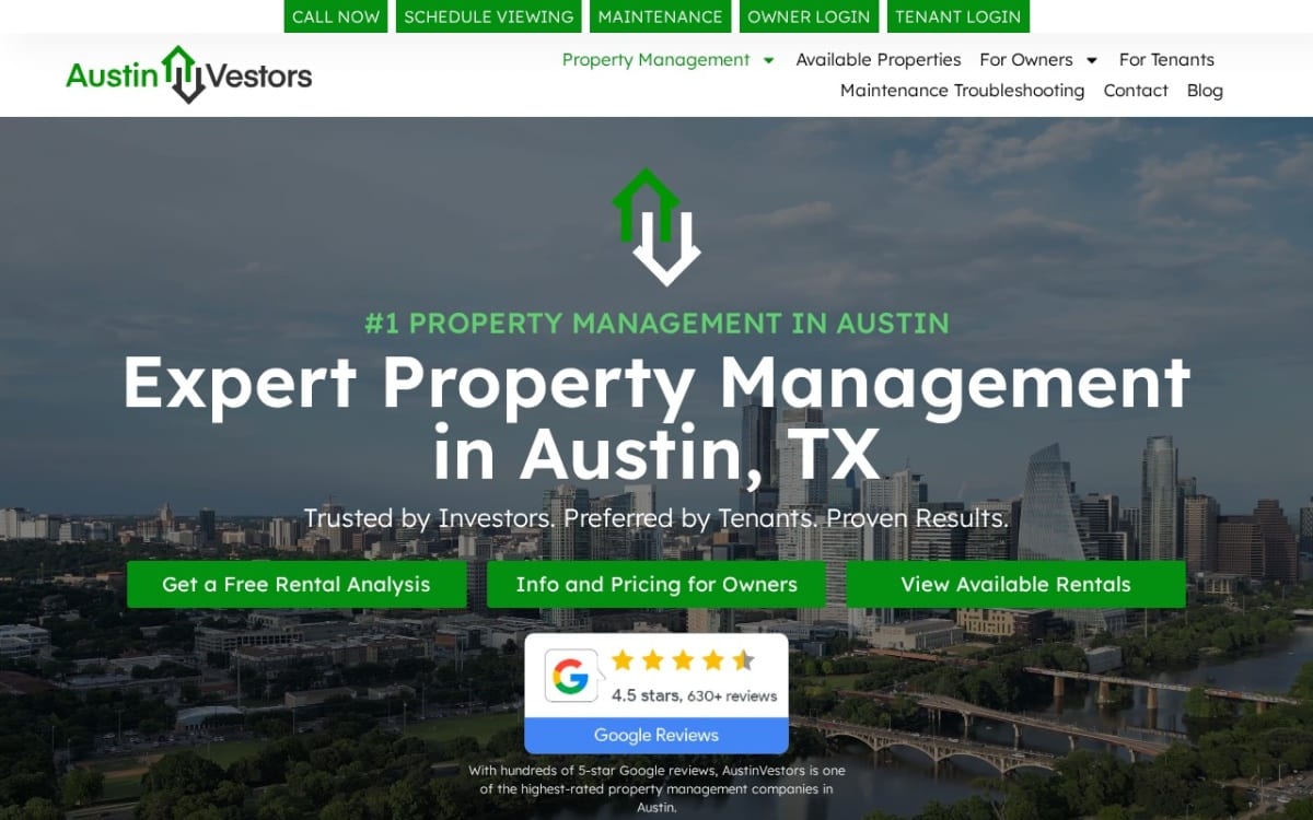 AustinVestors Property Management property management company website homepage