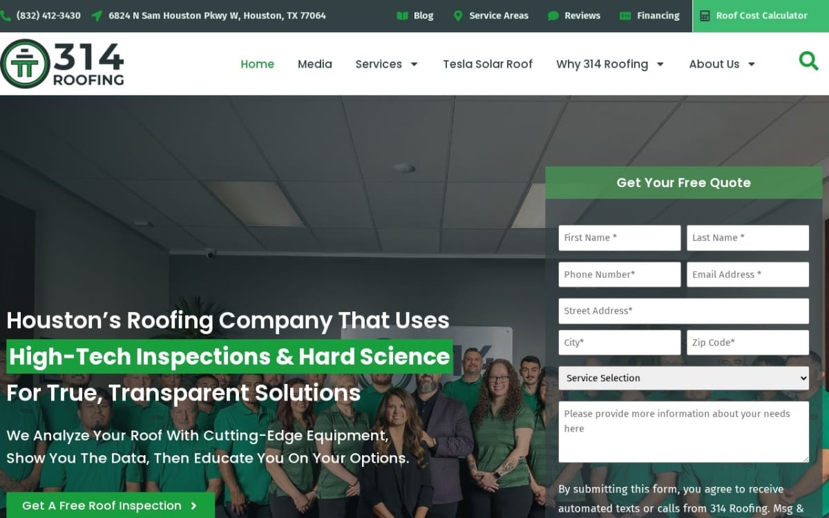314 Roofing Solutions roofing website homepage