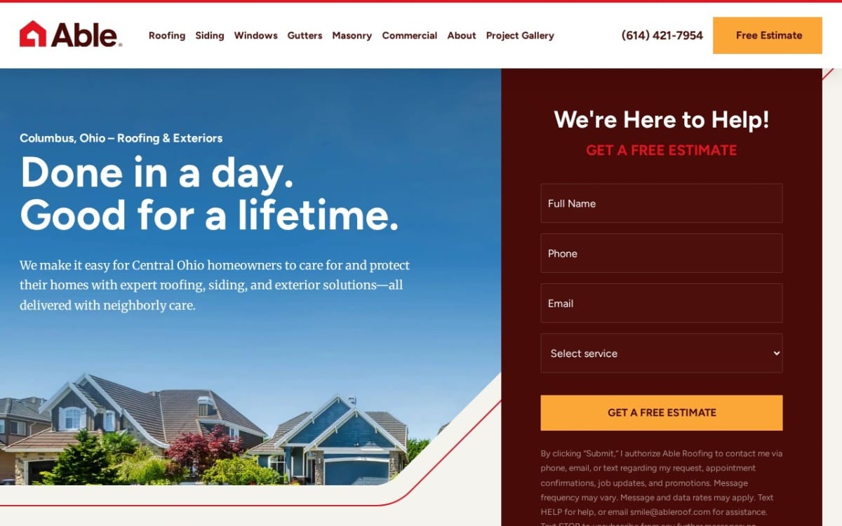 Able Roofing roofing website homepage
