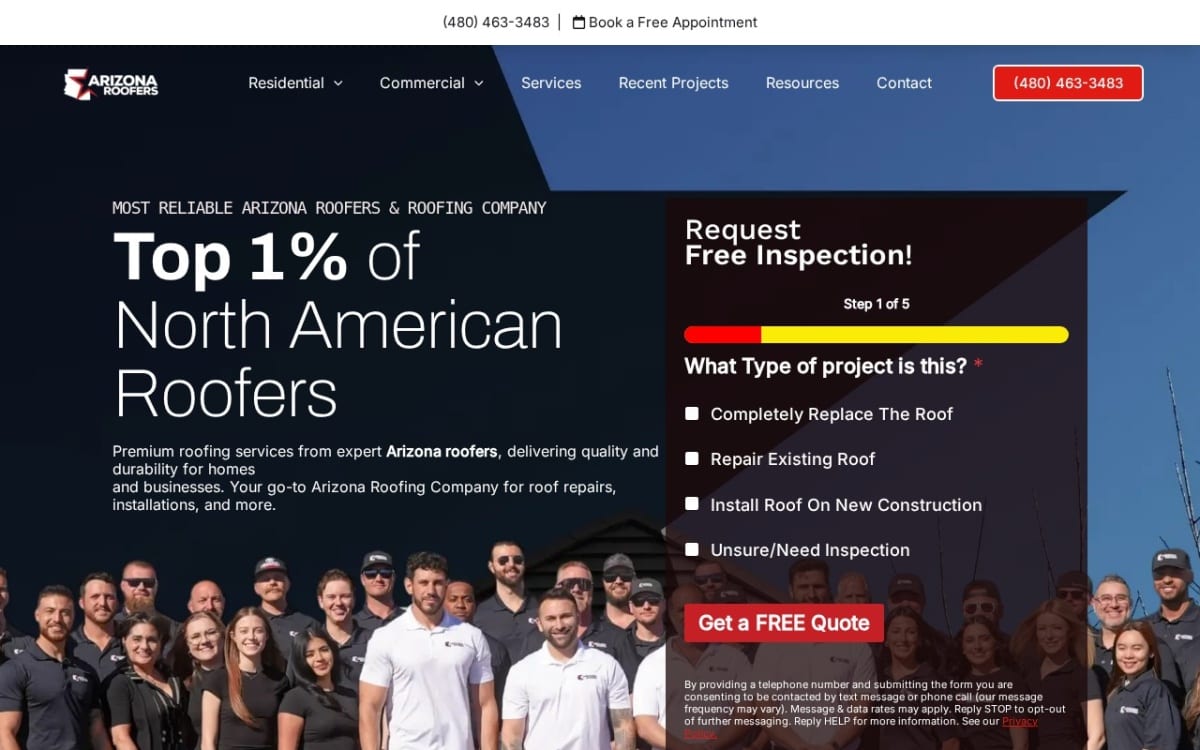 Arizona Roofers roofing website homepage