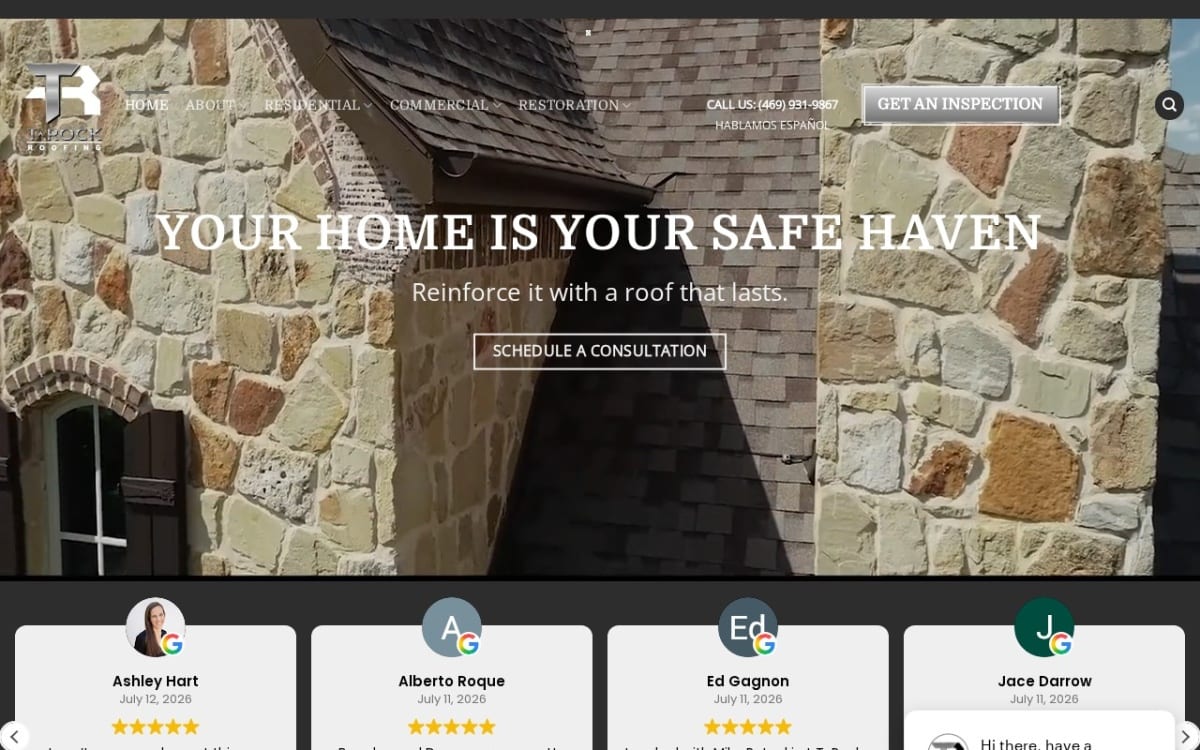 T Rock Roofing & Contracting roofing website homepage
